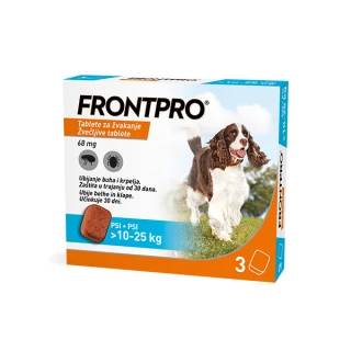 FRONTPRO 68 mg, žvečljive tablete za pse 10–25 kg, 3 tablete