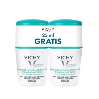 Vichy deodorant roll on z antiperspirantom za uravnavanje potenja, 48 h, 50 ml, dvojno pakiranje, 25 ml gratis