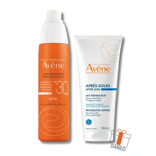 Avene pršilo z visoko zaščito pred soncem SPF30+ darilo Avene obnavljujoči losjon po sončenju 200 ml