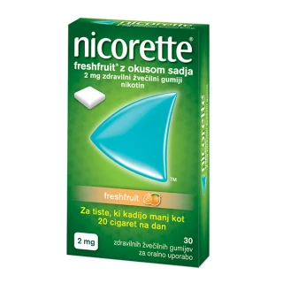 Nicorette Freshfruit z okusom sadja 2 mg, 30 zdravilnih žvečilnih gumijev